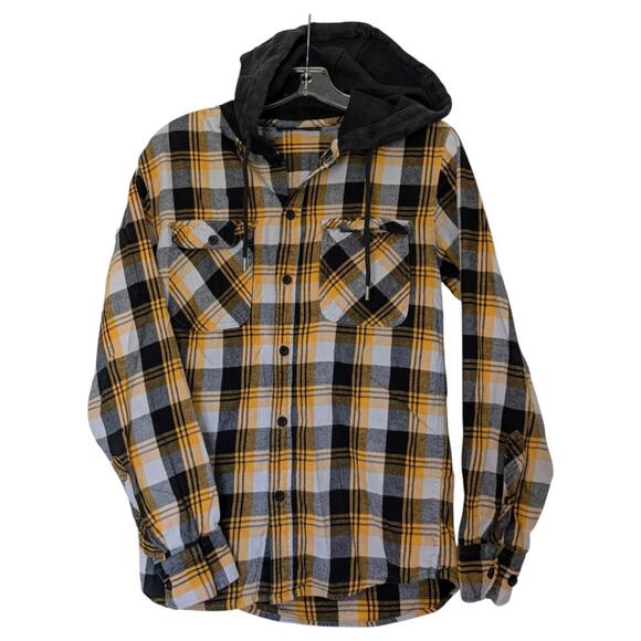 No Boundaries Other - No Boundaries Shirt Mens XS Yellow Black Gray Hooded Flannel Plaid Button Up